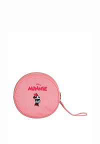 Ronde roze tas van stof met een ritssluiting. Beschikt over een afbeelding van Minnie Mouse en vetgedrukte "MINNIE" tekst in een speels lettertype. Inclusief een polsbandje.