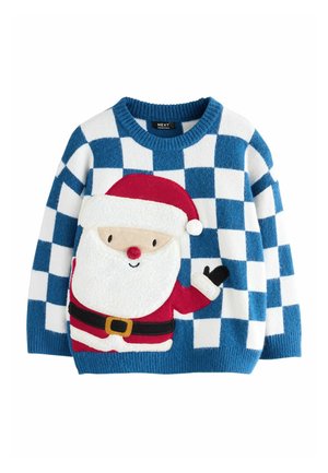 Pull bleu et blanc à carreaux avec un grand motif du Père Noël sur le devant, avec un bonnet rouge, une barbe blanche et une ceinture noire.