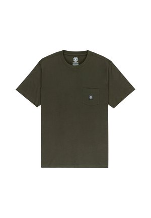 Olive green cotton t-shirt with short sleeves, a crew neckline, and a chest pocket featuring a small logo tag. Smooth texture, minimal design.