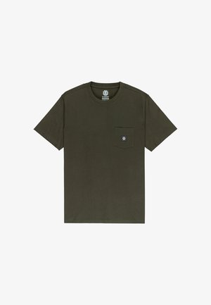 Olive green cotton t-shirt with short sleeves, a crew neckline, and a chest pocket featuring a small logo tag. Smooth texture, minimal design.