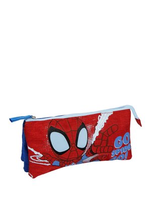 Trousse rouge et bleue avec un graphique de Spiderman. Fabriquée en tissu avec une fermeture éclair, présentant un design inspiré des bandes dessinées et un texte audacieux.