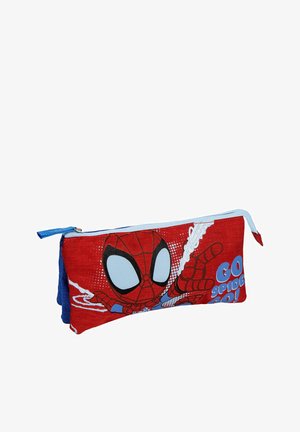 Astuccio rosso e blu con grafica di Spiderman. Realizzato in tessuto con chiusura a zip, presenta un design in stile fumetto e testi audaci.