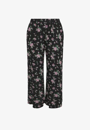 Zwarte wide-leg broek met elastische taille, voorzien van een roze en groene bloemenprint over het gehele oppervlak.