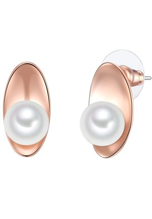 Ohrringe aus Roségold mit einem ovalen Design und einer weißen Perle in der Mitte, glatte polierte Oberfläche und transparenter Rückseite.