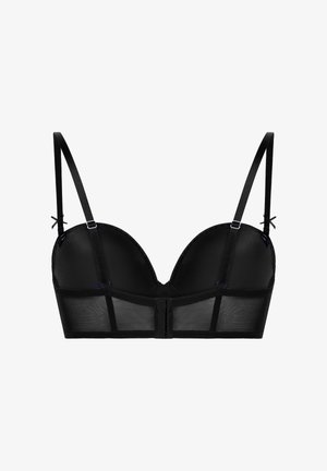 Schwarzer gepolsterter BH mit verstellbaren dünnen Trägern, Vorderverschluss mit Haken und Öse und einem durchsichtigen Mesh-Band unterhalb der Cups.