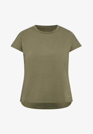 Oliņu zaļš T-krekls ar īsām piedurknēm, apaļu kakla izgriezumu un nedaudz izliekta apakšmalu. Izgatavots no mīksta, gluda auduma ar smalku tekstūru.