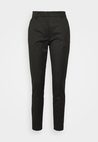 Czarne spodnie o dopasowanym kroju, wykonane z gładkiej tkaniny. Posiadają talię o średnim stanie oraz wąski krój, podkreślone czystymi liniami i brakiem ozdób.