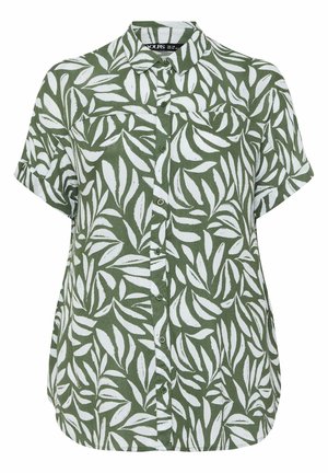 Kurzärmeliges Hemd zum Knöpfen mit olivgrünem und weißem Blattmuster, Kragen und einer einzelnen Brusttasche.