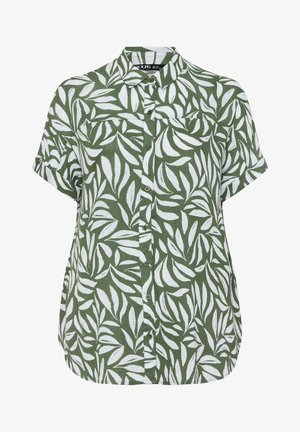 Pikakuvioinen lyhythihainen napillinen paita oliivinvihreällä ja valkoisella lehtikuviolla, kauluksella ja yhdellä rintataskulla.