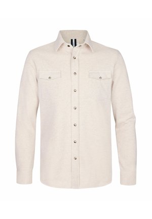 Camicia beige chiaro con bottoni, maniche lunghe, due tasche sul petto e bottoni argentati. Tessuto liscio e design classico del colletto.