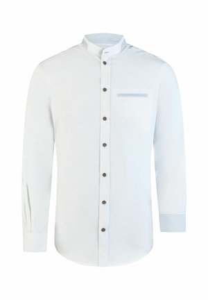 Wit mannenoverhemd met lange mouwen en mandarijnkraag, donkere knopen aan de voorkant, borstzak met lichtblauwe rand en gestreepte manchetten.