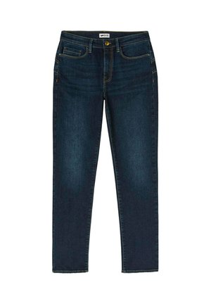 Jeans in denim blu scuro con taglio dritto, caratterizzati da cinque tasche, chiusura con bottone dorato e dettagli di cucitura sottili.