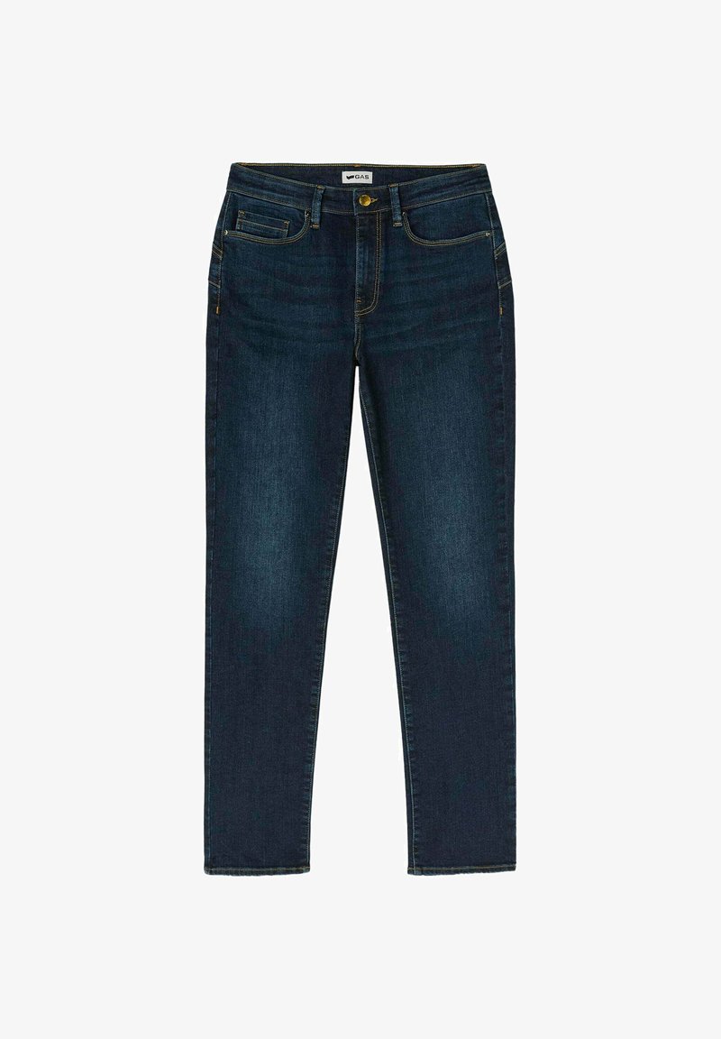 Jeans in denim blu scuro con taglio dritto, caratterizzati da cinque tasche, chiusura con bottone dorato e dettagli di cucitura sottili.