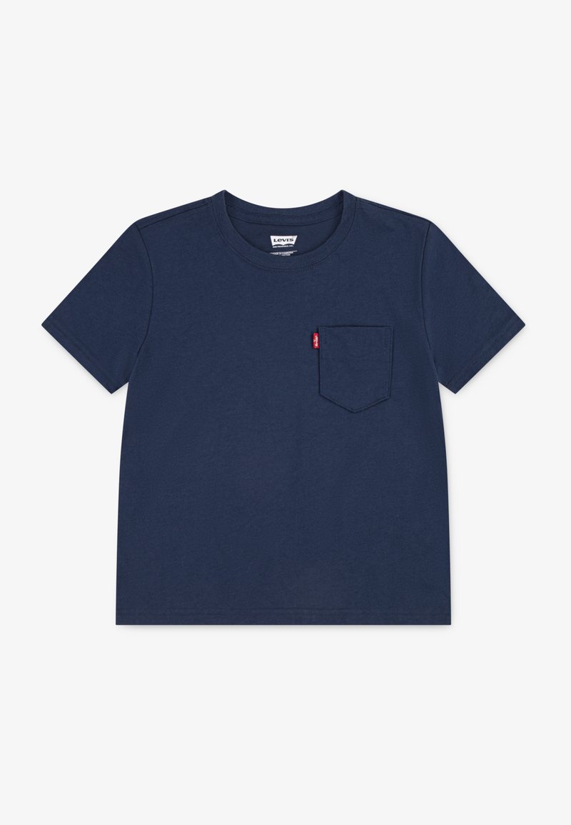 Navy blue cotton t-shirt with short sleeves, crew neck, and a chest pocket featuring a small red logo tag. Smooth texture, simple design.