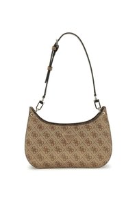 Sac à épaule brun à motifs avec une forme courbée, portant un emblème de logo et une bandoulière ajustable. Fabriqué en matière synthétique avec une texture lisse.