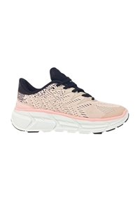 La scarpa da corsa leggera presenta una tomaia rosa e beige con accenti neri, pannelli in rete e una suola spessa bianca per ammortizzazione e supporto.