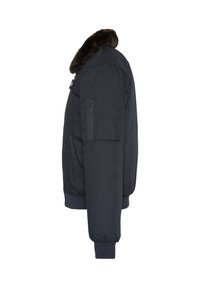 Giubbotto bomber blu navy con colletto in pelliccia sintetica, design imbottito, polsini e orlo a coste, tasca con cerniera sulla manica e tasche laterali.