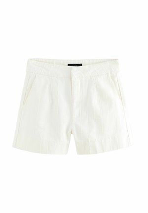 Vita shorts i en texturerad tyg med vertikala ränder, sidofickor och en slät front. Slät midja med hyschklaff.