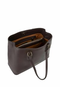 Sac à main en cuir marron foncé avec double anse, poche zippée dorée à l'intérieur et doublure intérieure beige clair.