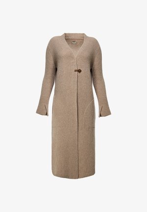Lange beige gebreide cardigan met lange mouwen, V-hals, voorzakken, zijopeningen in de mouwen en een enkele bruine toggle-sluiting.