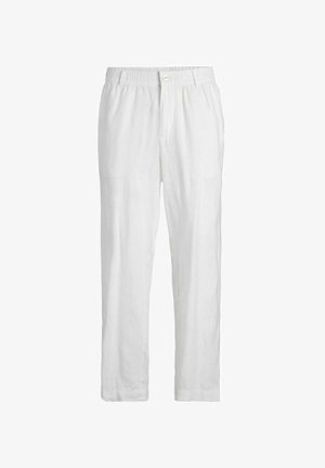 Pantaloni bianchi in lino con vita elasticizzata e chiusura frontale con bottone. Il tessuto presenta una superficie liscia, leggera e un design a gamba dritta.