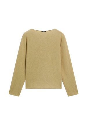 Pull en maille beige à manches longues, avec un col rond, un ourlet droit et un design minimaliste.