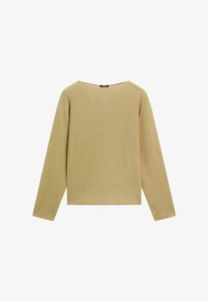 Beige pletený svetr s dlouhým rukávem, kulatým výstřihem, rovým lemem a minimalistickým designem.