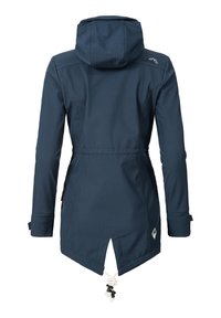 Navy waterproof jacket with a fitted hood, adjustable drawstring at the hem, and contrast stitching. Smooth texture with no visible patterns.