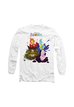 White long-sleeve shirt with colorful Disney Pixar Elemental characters representing fire, water, earth, and air around the movie title.
