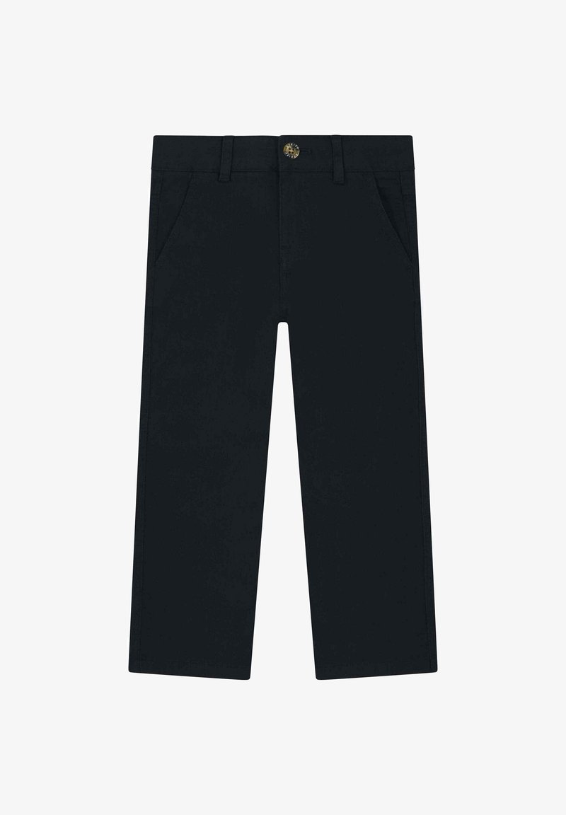 Zwarte broeken met een rechte pasvorm, gemaakt van een gladde stof. Heeft twee voorzakken en een knoopsluiting bij de tailleband. Geen patronen of accenten.