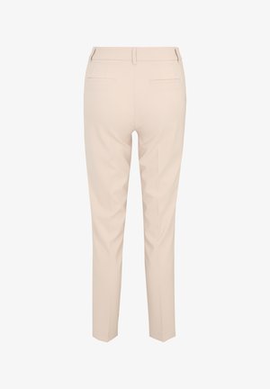 Beige-harmaatut housut, joissa on kapea leikkaus, tasainen etuosa, kaksi takataskua ja sileä pinta. Ei näkyviä suljettavia osia tai koristeita.