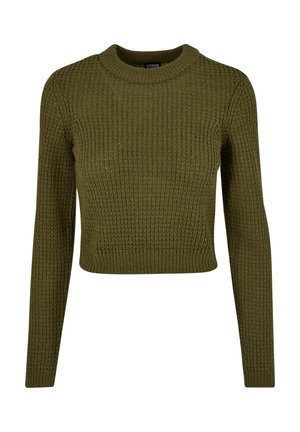 Olivenfarget strikket genser med rund hals, lange ermer og kort design. Har et strukturert mønster og ribbestrikket kant.