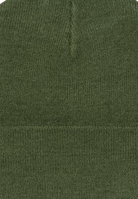 Zielona dzianinowa czapka beanie, wykonana z teksturowanej tkaniny. Posiada zwężony czubek i podwinięty mankiet, co zapewnia ciasne dopasowanie. Brak widocznych logo lub wzorów.