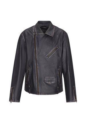 Schwarze Leder-Bikerjacke mit asymmetrischem Frontreißverschluss, Reißverschlusstaschen, Druckknopfschaftkragen und Reißverschlussmanschetten an den Ärmeln.