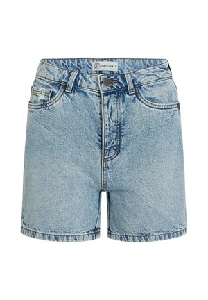 Μπλε τζιν σορτς με ψηλή μέση, σχεδιασμό με πέντε τσέπες και κλείσιμο με μεταλλικό κουμπί. Ανοιχτό πλύσιμο με ελαφρώς φθαρμένη υφή.