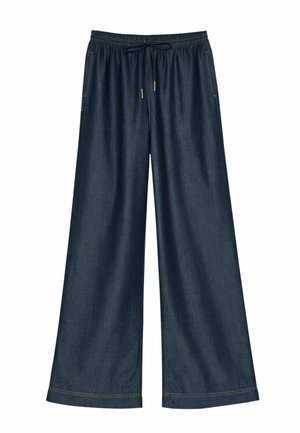 Pantaloni in denim blu scuro a gamba larga con vita elastica e coulisse, dotati di tasche laterali e cuciture a contrasto.