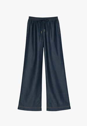 Pantaloni in denim blu scuro a gamba larga con vita elastica e coulisse, dotati di tasche laterali e cuciture a contrasto.