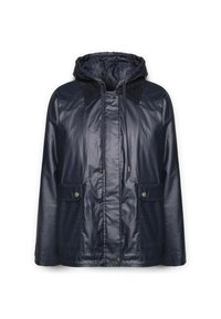 Impermeabile blu navy in materiale lucido e resistente all'acqua. Presenta un cappuccio, chiusura con cordoncino, due tasche frontali e dettagli testurizzati sul colletto.