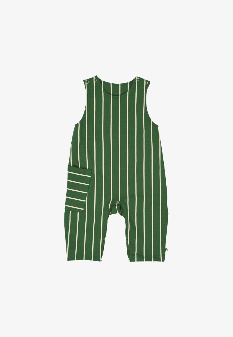 Green striped romper with beige vertical stripes, featuring a side pocket and snap closures at the shoulders, made of soft fabric.
