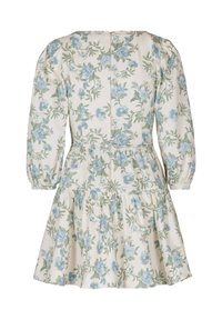 Bloemjurk in crèmekleurige stof met blauwe en groene bloemenpatronen. Heeft klokmouwen, een taille met een aansluitende pasvorm en een uitlopende rok. Achterzijde met ritssluiting.