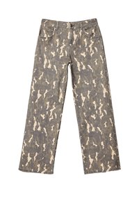 Wijdvallende jeans met een grijs, beige en bruin camouflagepatroon, voorzakken, riemlussen en knoopsluiting.
