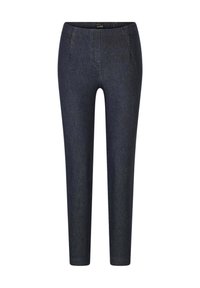 Slim-fit donkerblauwe denim broek met een middellange taille en voornaden, weergegeven tegen een witte achtergrond.