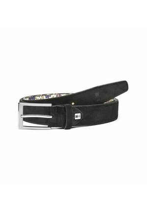 Black suede belt with a silver metal buckle and accent. Features a floral patterned lining. Smooth texture and classic design.