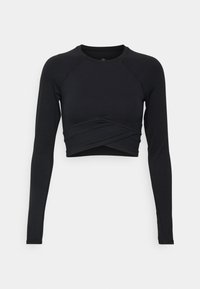 Top nero a maniche lunghe, corto, con scollatura rotonda e dettaglio anteriore intrecciato. Realizzato in tessuto elasticizzato, con maniche aderenti e design senza cuciture.