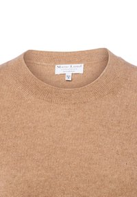 Kaschmirsweater in Beige, mit rundem Halsausschnitt und gerippter Textur. Das Etikett zeigt "Marie Lund, Kopenhagen" und Größe XS/S an.