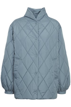  gepolsterte Jacke aus weichem, hellblauem Stoff mit einem Rautenmuster, hohem Kragen und Druckknöpfen sowie Seitentaschen.