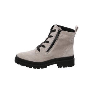 Light gray suede ankle boot with black laces, side zipper, pull tab, and chunky black rubber sole.