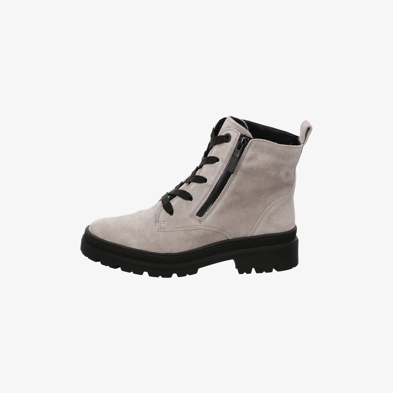 Light gray suede ankle boot with black laces, side zipper, pull tab, and chunky black rubber sole.