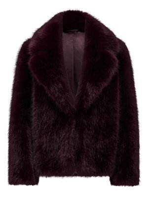 Plush, dyp burgunder fake pelsjakke med brede revers og lange ermer. Tekstilt, mykt materiale med en bokset silhuett og åpen front.