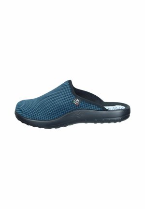 Blaue, strukturierte Holzschuhe mit einem atmungsaktiven Mesh-Obermaterial, gepolsteter Sohle und einem offenen Designe, das ein einfaches Hineinschlüpfen ermöglicht.